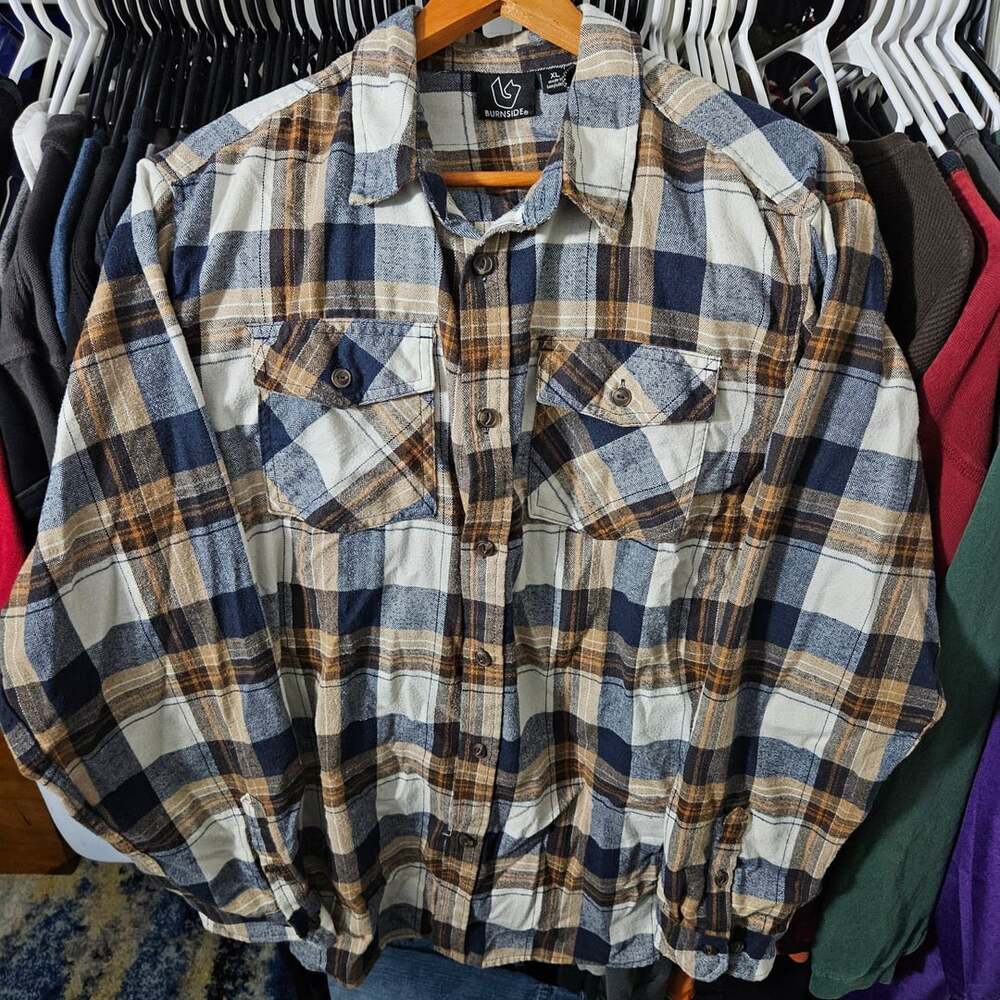Burnside Flannel Shirt Size XL Blue Brown Plaid Long Sleeve